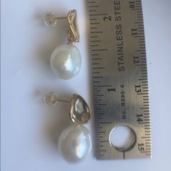 White Cultured Pearl Stud Earrings 14K Gold Plated - Picture 6 of 7